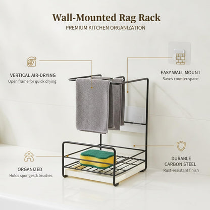 Wall-Mounted Kitchen Rag Rack, Carbon Steel Sponge & Cloth Holder for Sink Side Organization, Space-Saving Drying Rack (Black/White)