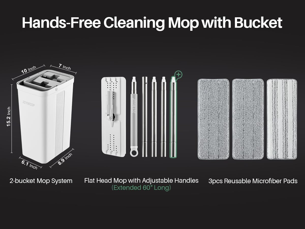 JOYMOOP Mop and Bucket Set, Flat Mops for Floor & Wall Cleaning, Commercial & Household Use, Hardwood Floor Mop with Long Handle & 4 Microfiber Pads