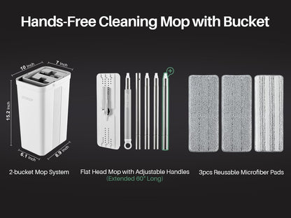 JOYMOOP Mop and Bucket Set, Flat Mops for Floor & Wall Cleaning, Commercial & Household Use, Hardwood Floor Mop with Long Handle & 4 Microfiber Pads
