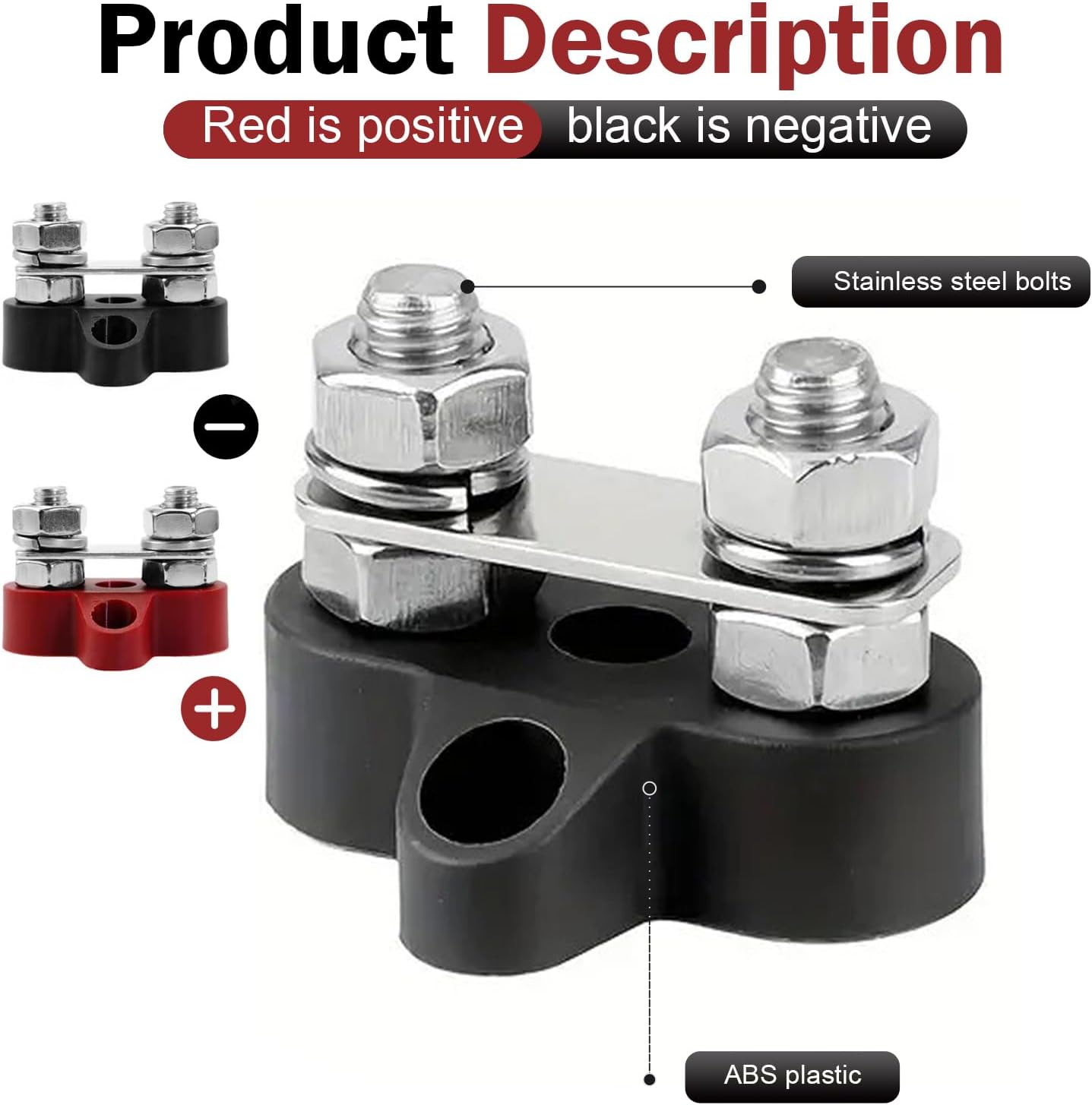2PCS 12V Battery Terminal Distribution Blocks, M8 Dual Stud Bus Bar Terminal Block with Top Post Adapter, 5/16" Power Distribution Block Positive Negative, Fit for Car Truck Boat