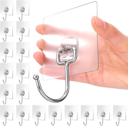 Large Hooks for Hanging Heavy-Duty 44Ib(Max) Self Adhesive-Hooks for Hanging, Traceless Clear and Removable, Waterproof and Rustproof Multiple Uses for Bathroom Kitchen Home 18 Pack