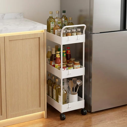 danpinera Storage Cart on Wheels, 3 Tier Slim Laundry with Wheels Bathroom Organizer with Hanging Cups Hooks Dividers Handle Mobile Rolling Art Cart for Bathroom Kitchen Narrow Places, White