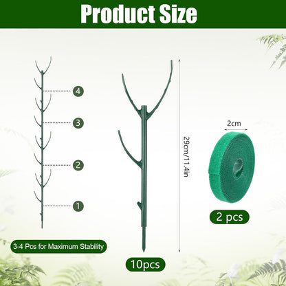 10 Pack Stackable Plant Support Stakes for Indoor Outdoor Plants, Pothos Plant Climber Support Structures with 2 Rolls Hook and Loop for Vine Training Stem Stabilization