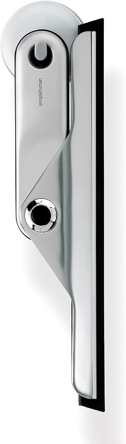 simplehuman Foldaway Shower Squeegee, Glass Squeegee for Bathroom Mirrors & Shower Doors, Weighted Handle for Streak-Free Clean, Suction Cup Hanger, Die-Cast Zinc & Anodized Aluminum