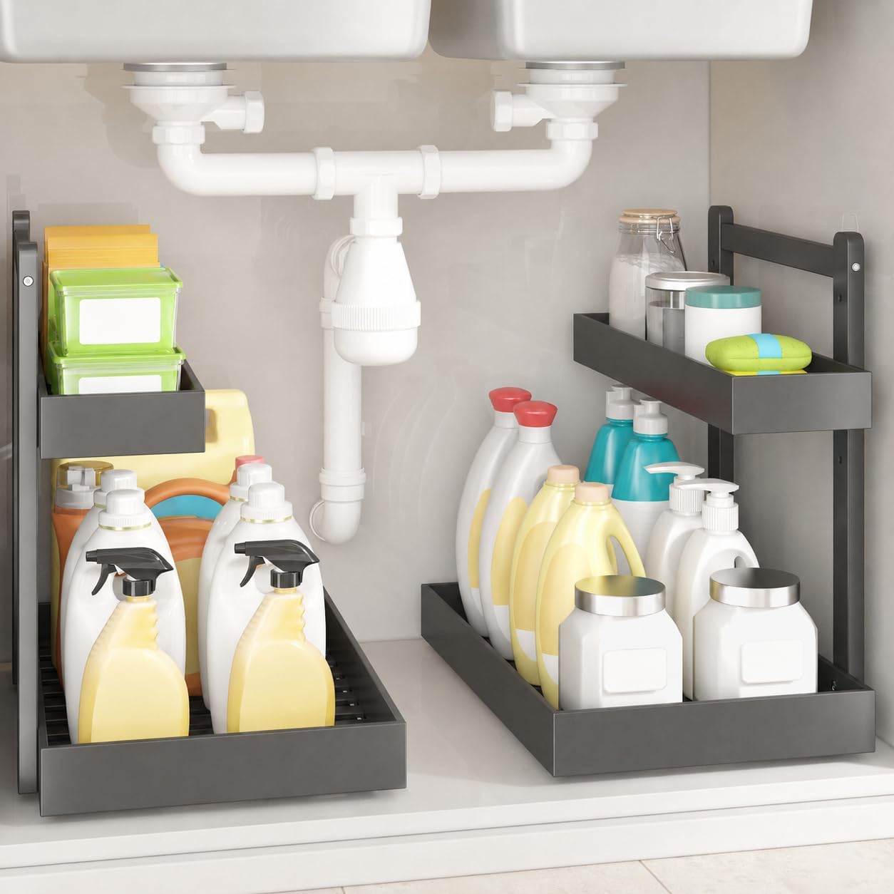 Under Sink Organizer - 2-Tier Pull Out Cabinet Organizer Vertical Slide Out Sink Shelf Storage Shelves for Multi-Purpose Bath Kitchen Bathroom Medicine (Nature, 2 Packs)