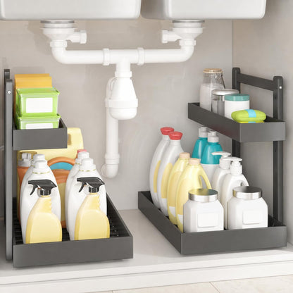 Under Sink Organizer - 2-Tier Pull Out Cabinet Organizer Vertical Slide Out Sink Shelf Storage Shelves for Multi-Purpose Bath Kitchen Bathroom Medicine (Nature, 2 Packs)
