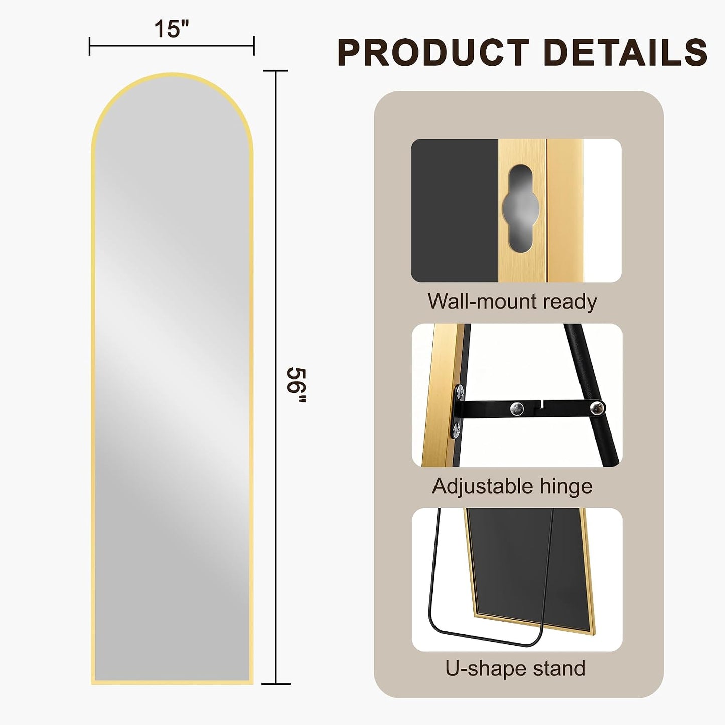 FICTOR Arched Full Length Mirror 15" x 56", Full Body Floor Mirror with Adjustable Stand, Free Standing Mirror with Aluminum Frame for Bedroom, Living Room, Cloakroom, Gold