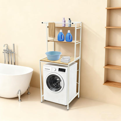 Over Washer and Dryer Storage Shelves, Over Dryer Storage Organizer with Adjustable Rubber Feet, 3 Tiers Laundry Room Storage, Bathroom Space Saving Organizer| US Stock (White+ Log)