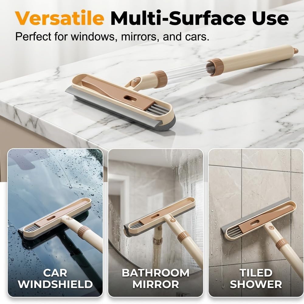 5-in-1 Double-Sided Window Screen Cleaning Brush – Extendable Squeegee for Window Cleaning with Long Handle, All-in-One Window Cleaning Kit for Home & Auto Glass, Car Window Cleaner Tool (Beige-1pc)