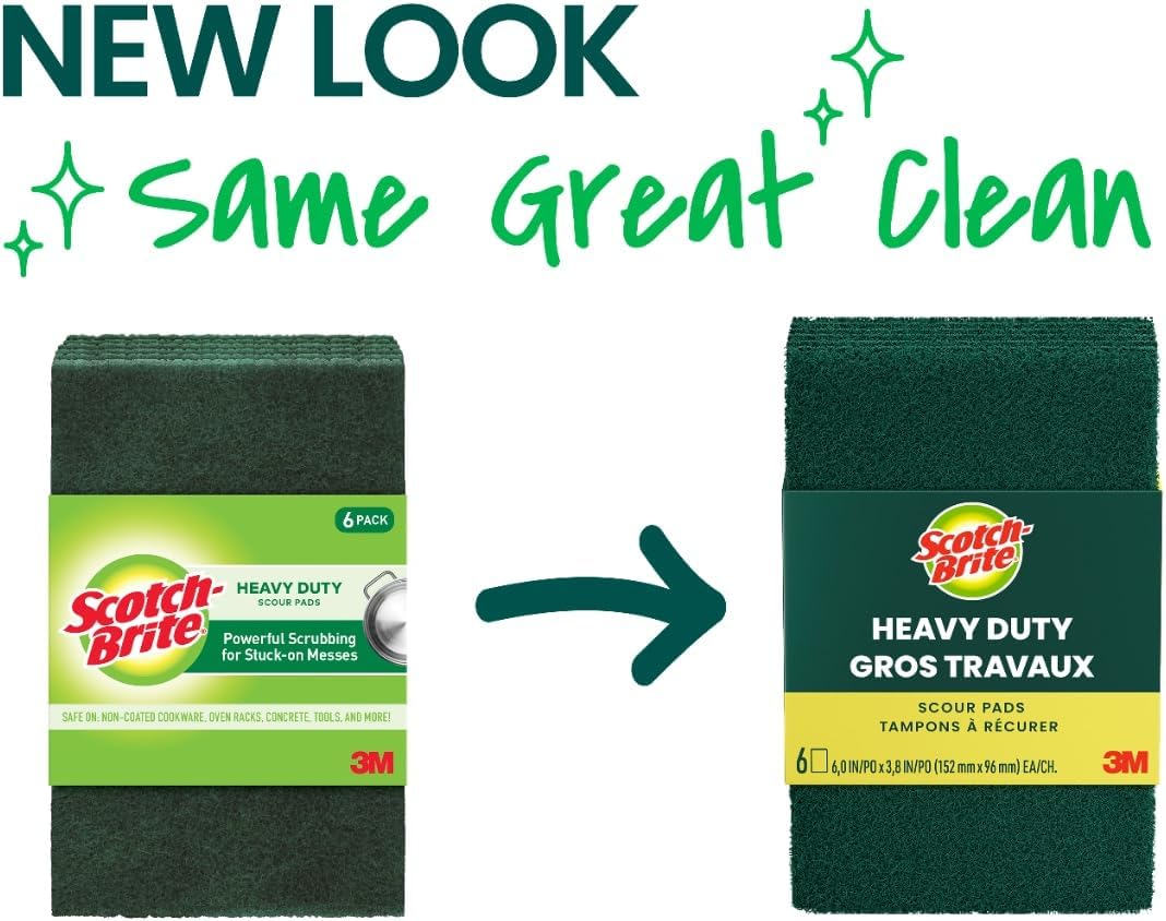 Scotch-Brite Heavy Duty Scouring Pad, Dish Scrubber for Kitchen + Outdoor, 3 Scrub Pads for Uncoated Pots and Pans, Cast Iron Cooktops, Grill Grates, Oven Racks, & BBQ, Durable, Long-Lasting