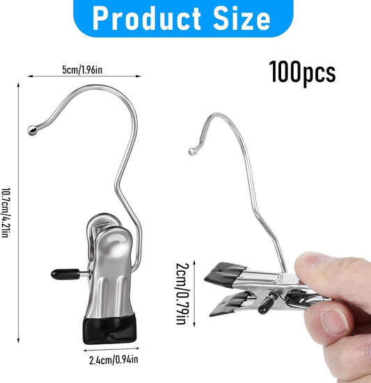 COMNICO Boot Hangers Clips, 100 Pcs Laundry Hooks with Clips Stainless Steel Portable Clothes Pins Closet Hanger Organizer for Wardrobe Travel Pants Jeans Clothes Hats Towels