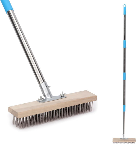 Heavy Duty Wire Broom with 70.8" Telescopic Handle: Stainless Steel Outdoor Broom for Cleaning Moss Concrete Floors Grout Gardens Patio Deck Concrete Garage