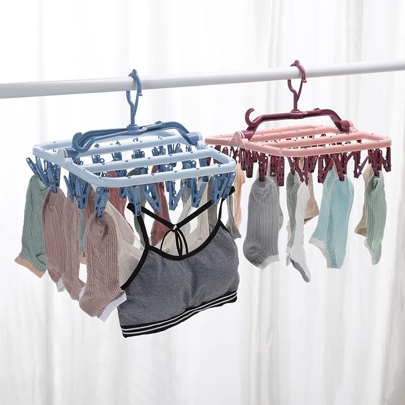 Foshine Clothes Drying Racks Foldable Clip Hangers Plastic with 32 Clips | Clip Hangers Wind-Proof Hook Underwear Hanger For Socks Bras Blue