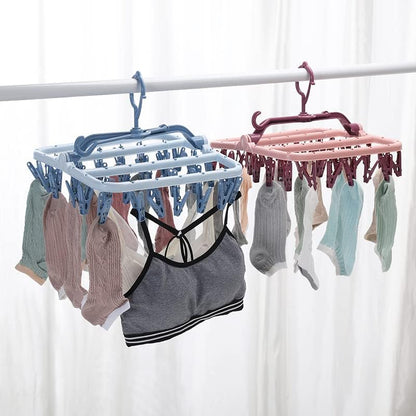 Foshine Clothes Drying Racks Foldable Clip Hangers Plastic with 32 Clips | Clip Hangers Wind-Proof Hook Underwear Hanger For Socks Bras Blue