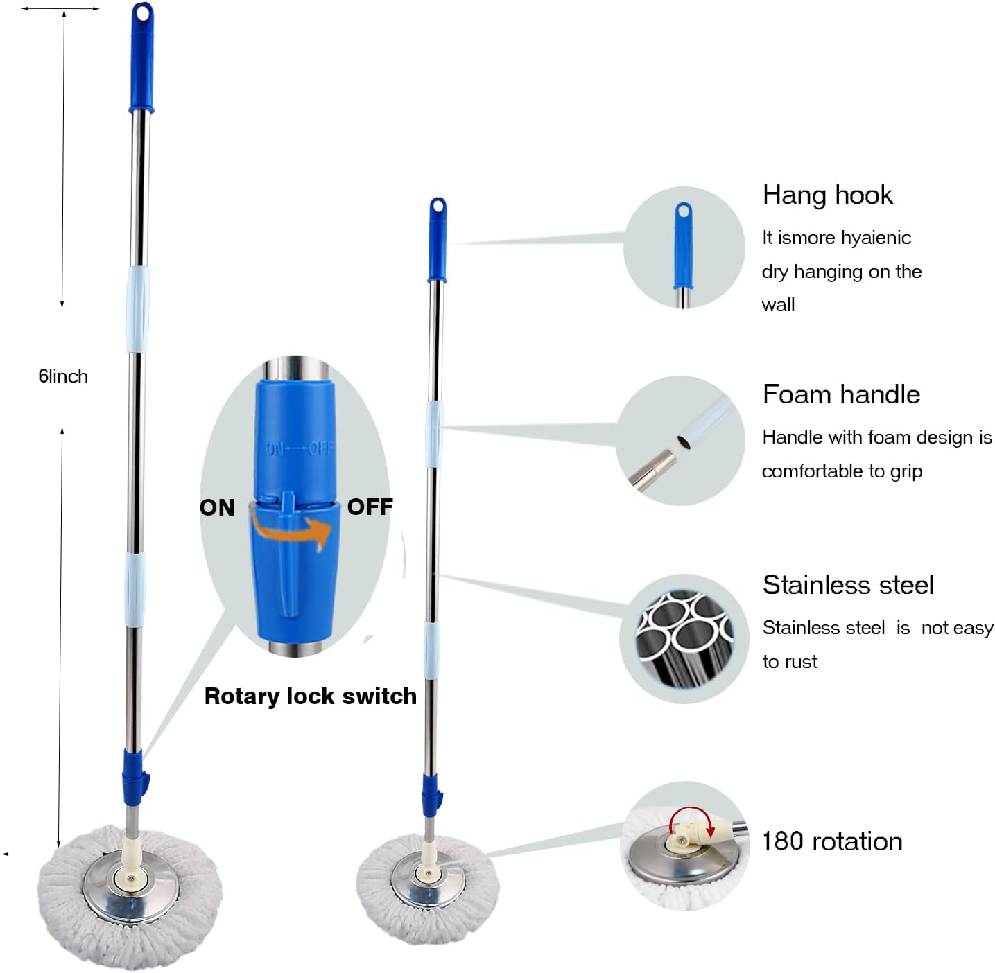 Spin Mop and Bucket with Wringer Set, 360° Spinning Mop Bucket System with 3 Microfiber Mop Replacement Heads and 50" Stainless Steel Adjustable Handle for Floor Cleaning