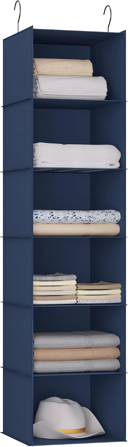 Hanging Closet Organizer 3-Shelf, Oxford Fabric Wardrobe Storage, Gray | Easy-mount foldable design holds clothes, handbags, shoes & accessories; washable Oxford fabric, sturdy and space-saving.