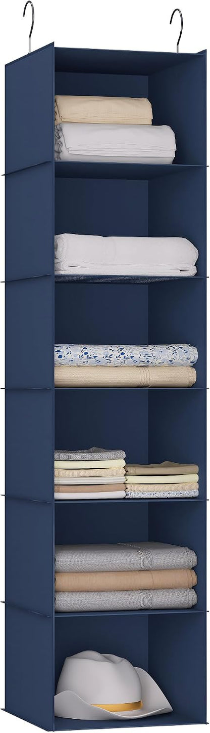Hanging Closet Organizer 3-Shelf, Oxford Fabric Wardrobe Storage, Gray | Easy-mount foldable design holds clothes, handbags, shoes & accessories; washable Oxford fabric, sturdy and space-saving.