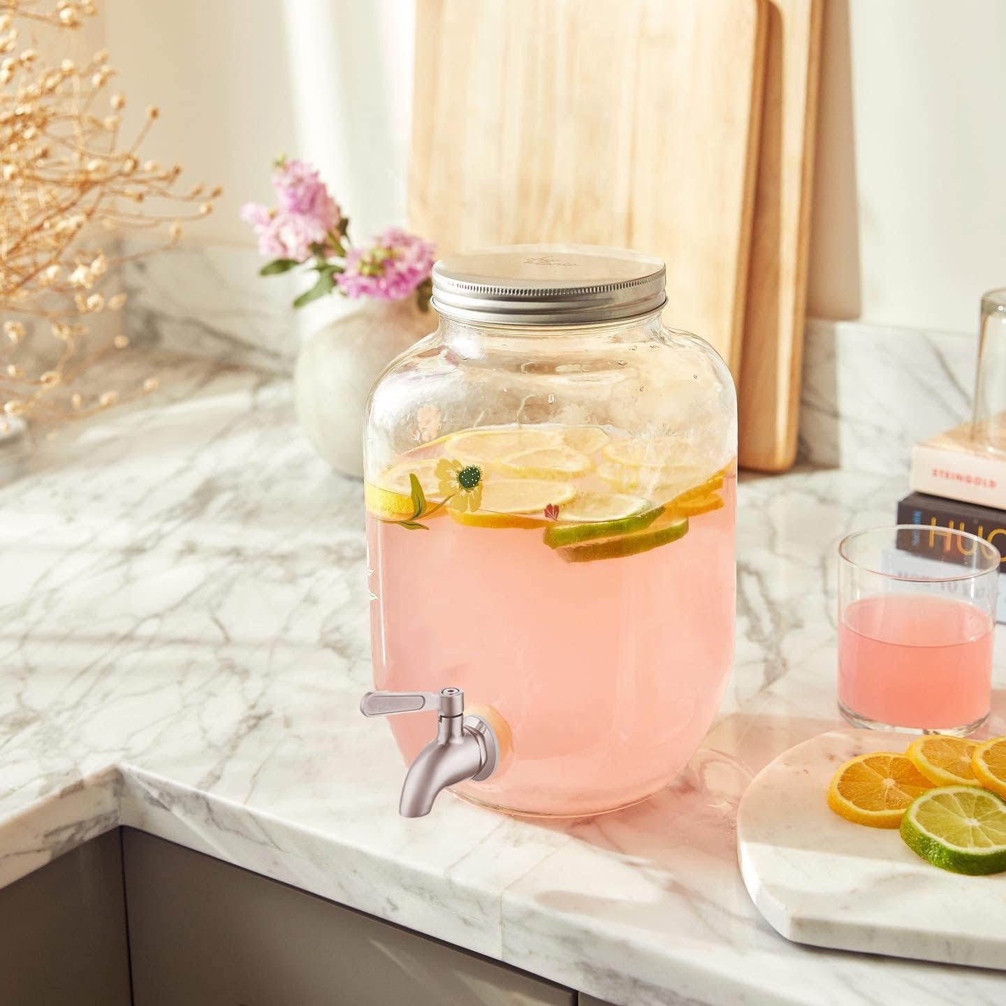 Le’raze 1 Gallon Glass Water Dispenser with Stainless Steel Spigot + Marker & Chalkboard, & Ice Cylinder - 100% Leakproof Beverage Mason Jar Drink Dispenser Gallon Jug - Laundry Detergent Holder.