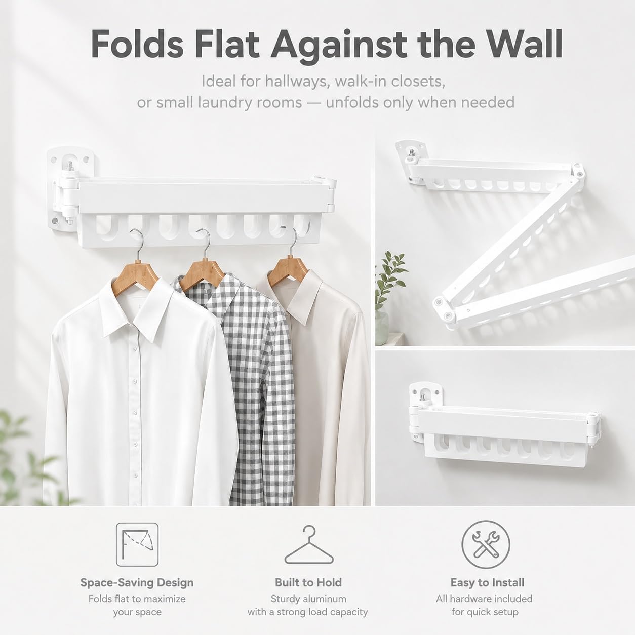Wall Mount Laundry Drying Rack with 24 Hooks – Foldable 3-Bar Rustproof Steel Clothes Organizer, 360° Swivel Space-Saving Drying Station for Apartments, Laundry Rooms, Balconies & RVs