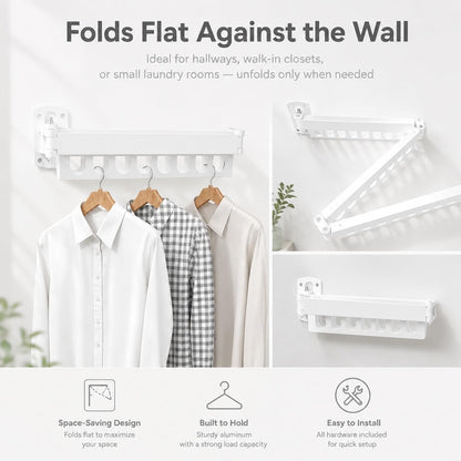 Wall Mount Laundry Drying Rack with 24 Hooks – Foldable 3-Bar Rustproof Steel Clothes Organizer, 360° Swivel Space-Saving Drying Station for Apartments, Laundry Rooms, Balconies & RVs