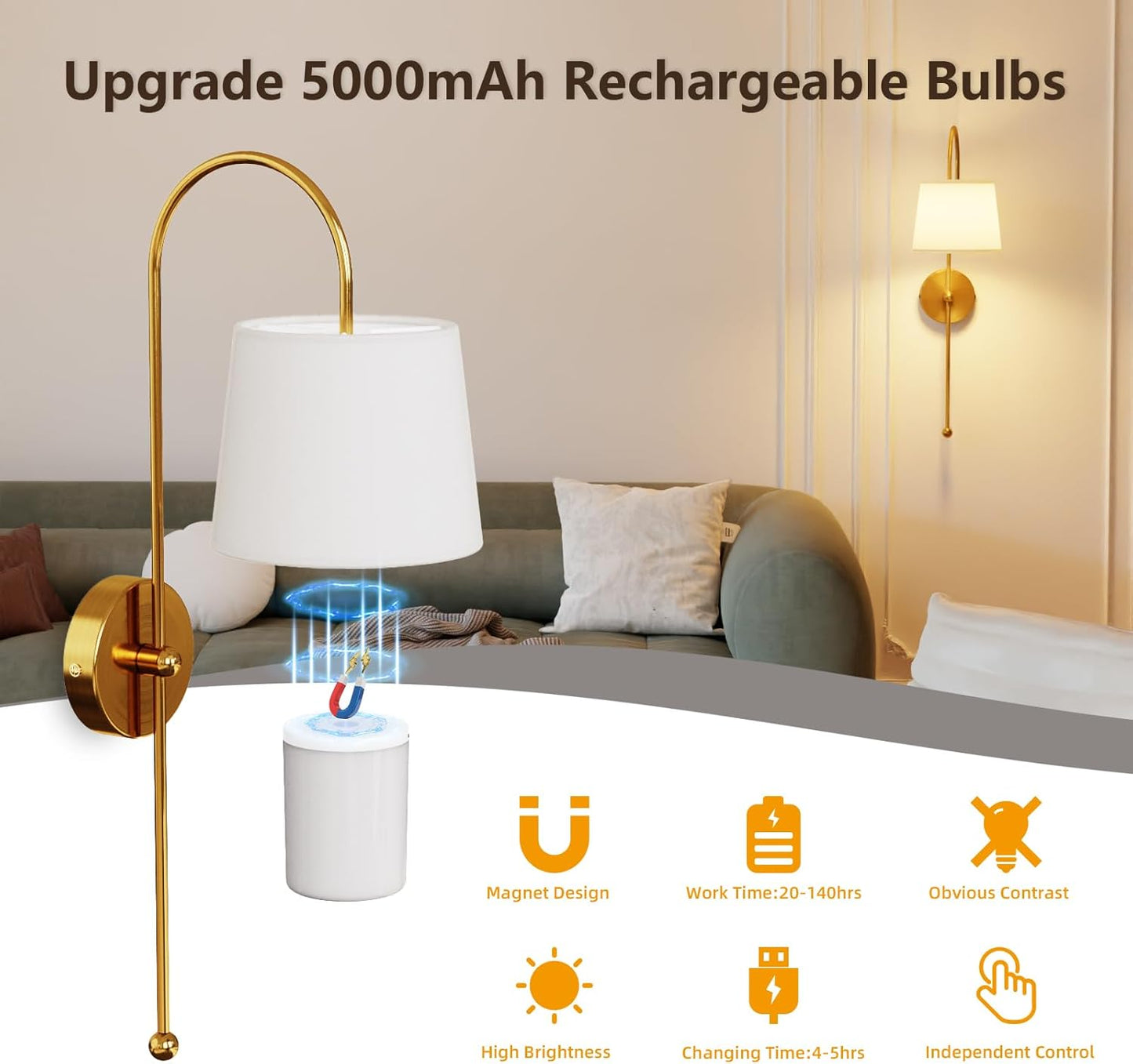 Battery Operated Wall Sconce Set of 2, Rechargeable Wireless Wall Decor Sconces, Two Battery Powered Wall Lights, Dimmable Magnetic RGB Bulbs & Remote, Lamp for Living Room Bedroom - Gold
