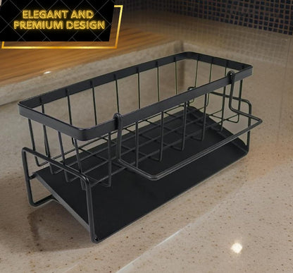 Black Kitchen Sink Caddy Organizer - Sponge Caddy with Self-Draining Tray, Stainless Steel Sink Caddy Kitchen Sink Organizer, Non-Slip Sink Drying Rack for Dishwashing Supplies