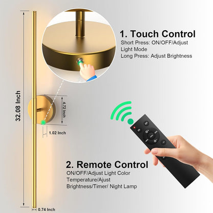 Tartek Battery Operated Wall Sconces Set of Two, Rechargeable Wall Lights with Remote Control, Dimmable 3000K-6000K LED Wall Lamp, 360°Rotate, Long Wireless Sconces for Living Room, Bedroom