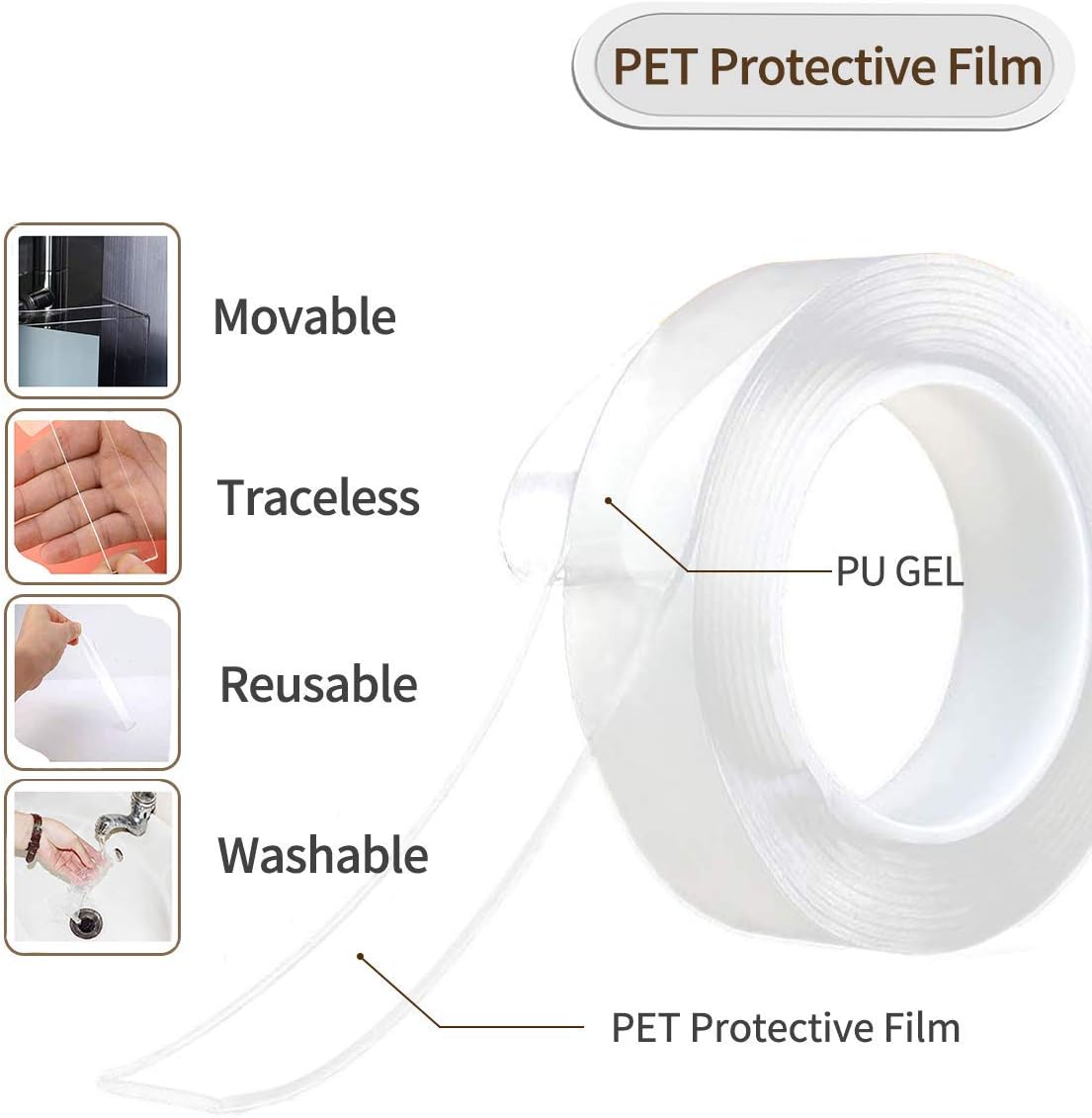 Double Sided Adhesive Nano Tape,Transparent Strong Washable Adhesive Traceless Gel Tape,Removable and Reusable Sticky Anti Slip Tape for Home,Wall,Room,Office Decor (9.84 FT)