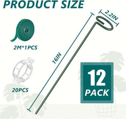 MAFONE 12 Pack 16inch Metal Plant Support Stakes for Tomato Orchid Lily | Plant Stick for Garden Single Stem Flower Support Stake with 20pcs Clips and Plant Ties