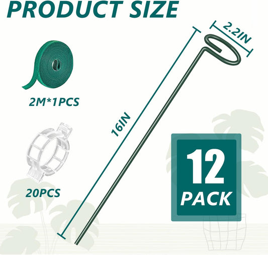 MAFONE 12 Pack 16inch Metal Plant Support Stakes for Tomato Orchid Lily | Plant Stick for Garden Single Stem Flower Support Stake with 20pcs Clips and Plant Ties