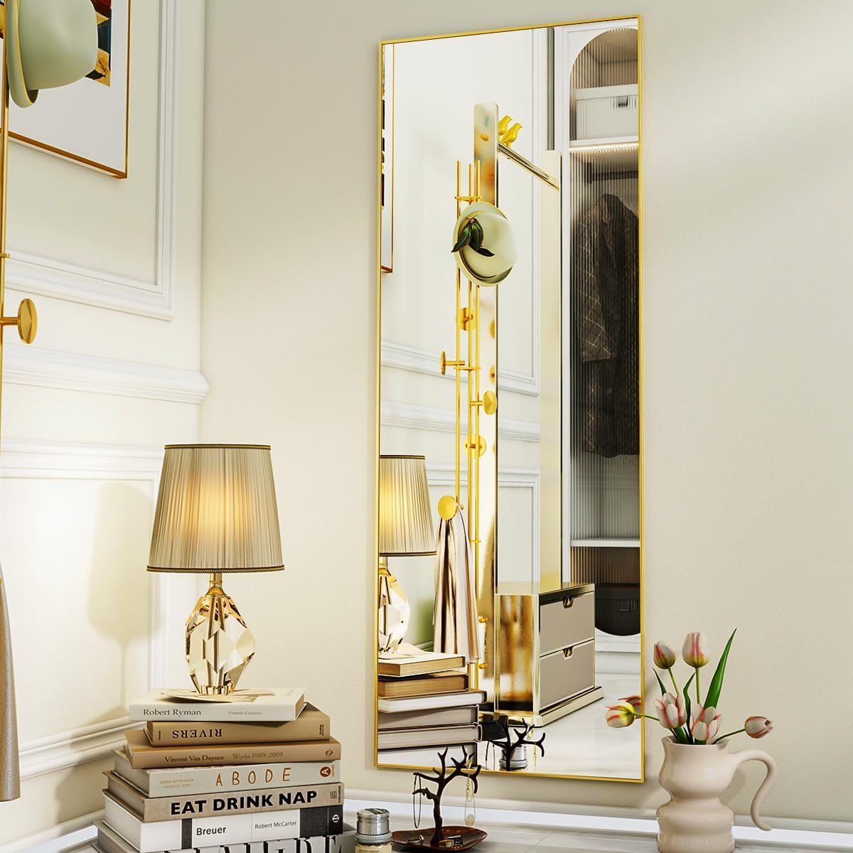 VooBang Mirror Full Length - 21" x 57" Floor Mirror with Stand, Aluminum Alloy Frame Full Body Mirror, Standing Hanging or Leaning Against Wall for Bedroom and Living Room, Black
