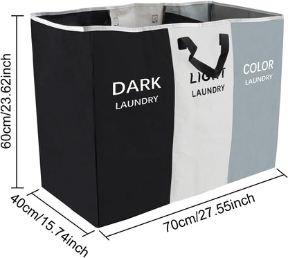 168L Laundry Hamper, Large Blanket Storage Basket Sorter 3 Section Bag Organizer for Dirty Clothes - Toys - Towel,15 X 23 X 28 inch Heavy Duty Laundry Cart Baskets (Black and white gray bag)