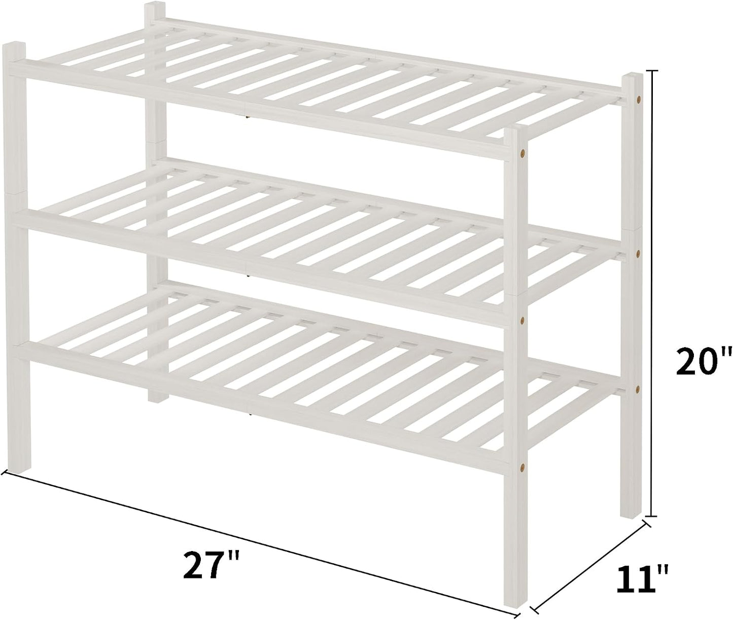 ROMGUAR CRAFT 3 Tier Bamboo Shoe Rack for Closet Free Standing Wood Shoe Shelf Storage Organizer for Entryway Small Space Stackable 27"x11"x20" (Natural)