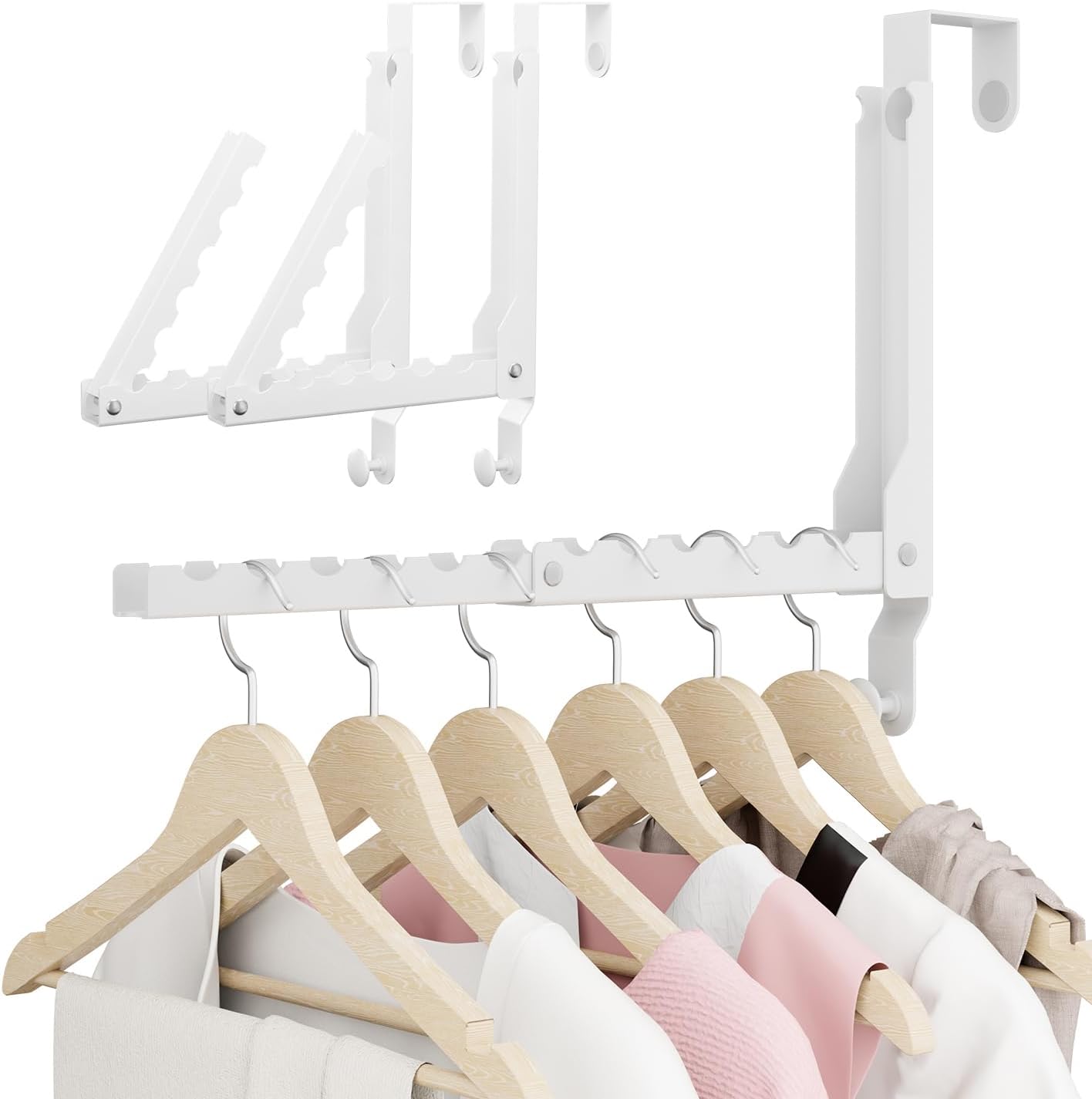 2 Pack Over The Door Hanger Folding Clothes Drying Rack, Folding Hanging Coat Rack for Indoor Laundry Room Compact Small Space Foldable Portable Clothing Hanger Hook Collapsible (Wihte-2(Upgraded))