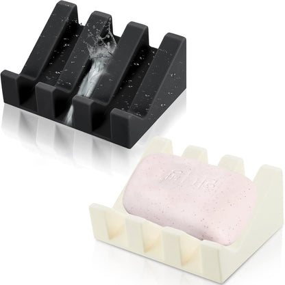 Cunhill 2 Pieces Silicone Soap Dish Self Draining Soap Dish Shower Waterfall Bar Soap Holder Tray with Drain Soap Saver for Kitchen Bathroom Accessories (Black)