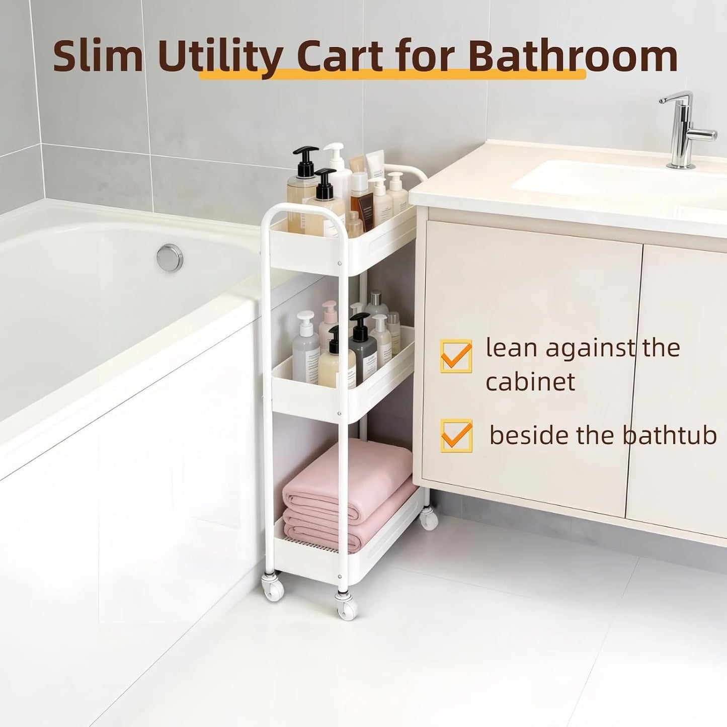 3 Tier Slim Metal Rolling Storage Cart for Laundry Room & Kitchen Organizer, 7.1'' Thin Standing Shelf for Narrow Spaces, Utility Cart with Wheels & Lockable Casters for Bathroom, Black