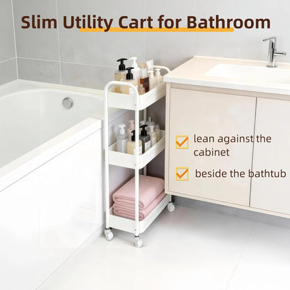 3 Tier Slim Metal Rolling Storage Cart for Laundry Room & Kitchen Organizer, 7.1'' Thin Standing Shelf for Narrow Spaces, Utility Cart with Wheels & Lockable Casters for Bathroom, Black