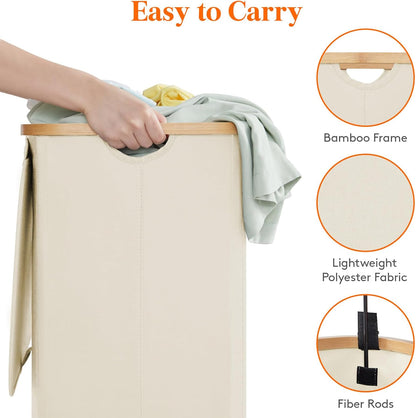 Lifewit 120L Laundry Basket with Lid, Clothes Hampers for Laundry with Bamboo Handles and 2 Removable Bag, Large Foldable Laundry Hamper for Bedroom, Bathroom, Dorm, Laundry Room, Beige