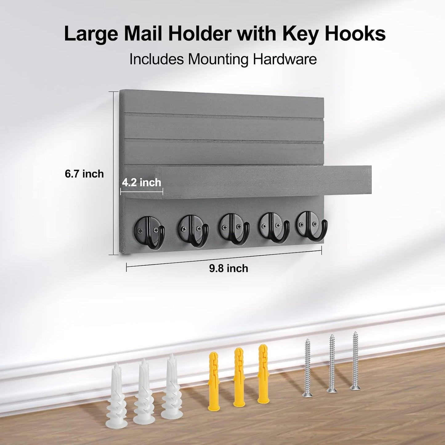 Lwenki Key Holder for Wall, Decorative Key and Mail Holder with Shelf Has Large Key Hooks for Bags, Coats – Paulownia Wood Key Hanger with Mounting Hardware (9.8”W x 6.7”H x 4.2”D) (Brown)