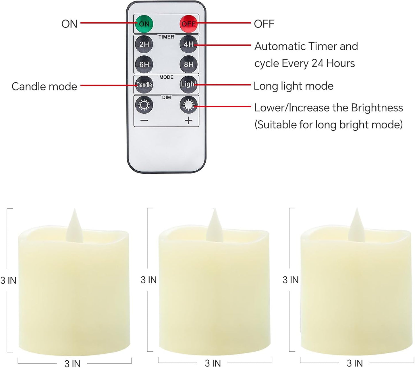 3x3 Flameless Candles with Remote Set of 2, 3 inch Battery Candles Flickering with Timer, LED Pillar Candle for Indoor/Outdoor, White