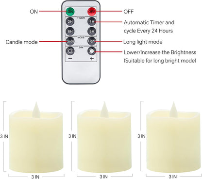 3x3 Flameless Candles with Remote Set of 2, 3 inch Battery Candles Flickering with Timer, LED Pillar Candle for Indoor/Outdoor, White