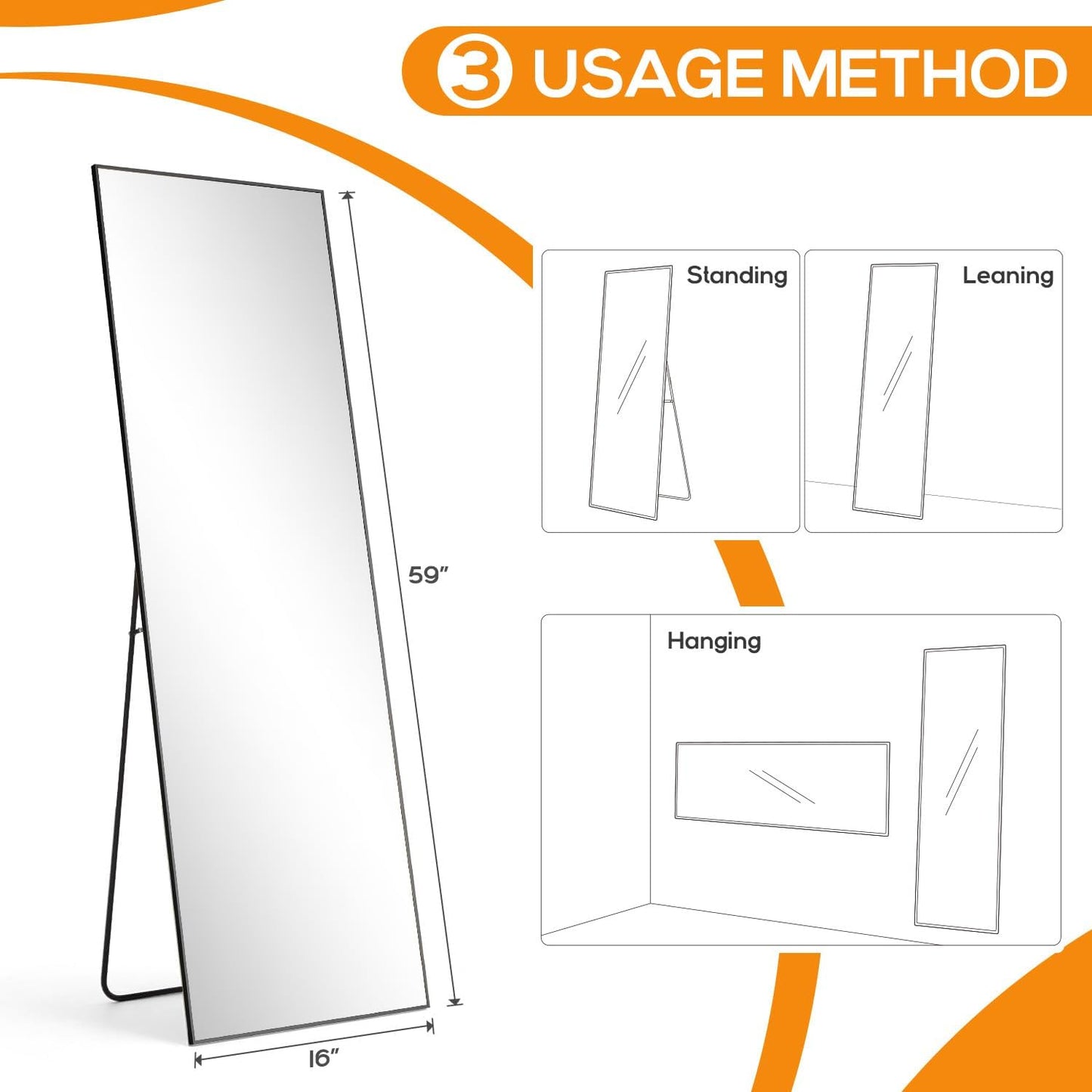 Arched Mirror Full Length, Upgraded 16"x59" Body Wall Mirrors with Shatter-Proof Glass, Floor Standing, Hanging or Leaning, Tall Arch Mirror with Stand Aluminum Alloy Frame for Bedroom, Black