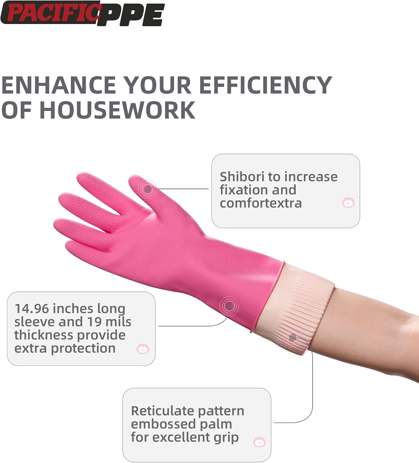 PACIFIC PPE 2 Pairs Reusable Rubber Gloves for Washing Dishes and Cleaning Tasks, Water Resistant Household Gloves for Kitchen Bathroom, Grippy Latex Dish Washing, Pink, Small