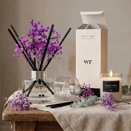 Flower Reed Diffuser Set Wild Eucalyptus Mint Scent for Bathroom Accessories Shelf Decor & Air Fresheners, Sticks Defusers with 5.1 fl oz Essential Oils & Leaves, House Bedroom Office Decor & Gifts