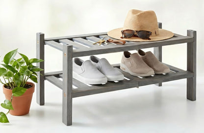 2-Tier Acacia Wood Stackable Shoe Rack - Brush Teak