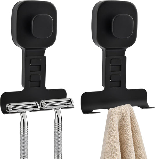 2pcs Suction Cup Razor Holder for Shower, Heavy-Duty Suction Cup Shower Hooks for Towel, Loofah, Razor, Squeegee, Removable Damage-Free Metal Shower Hook(Color:Black Color)