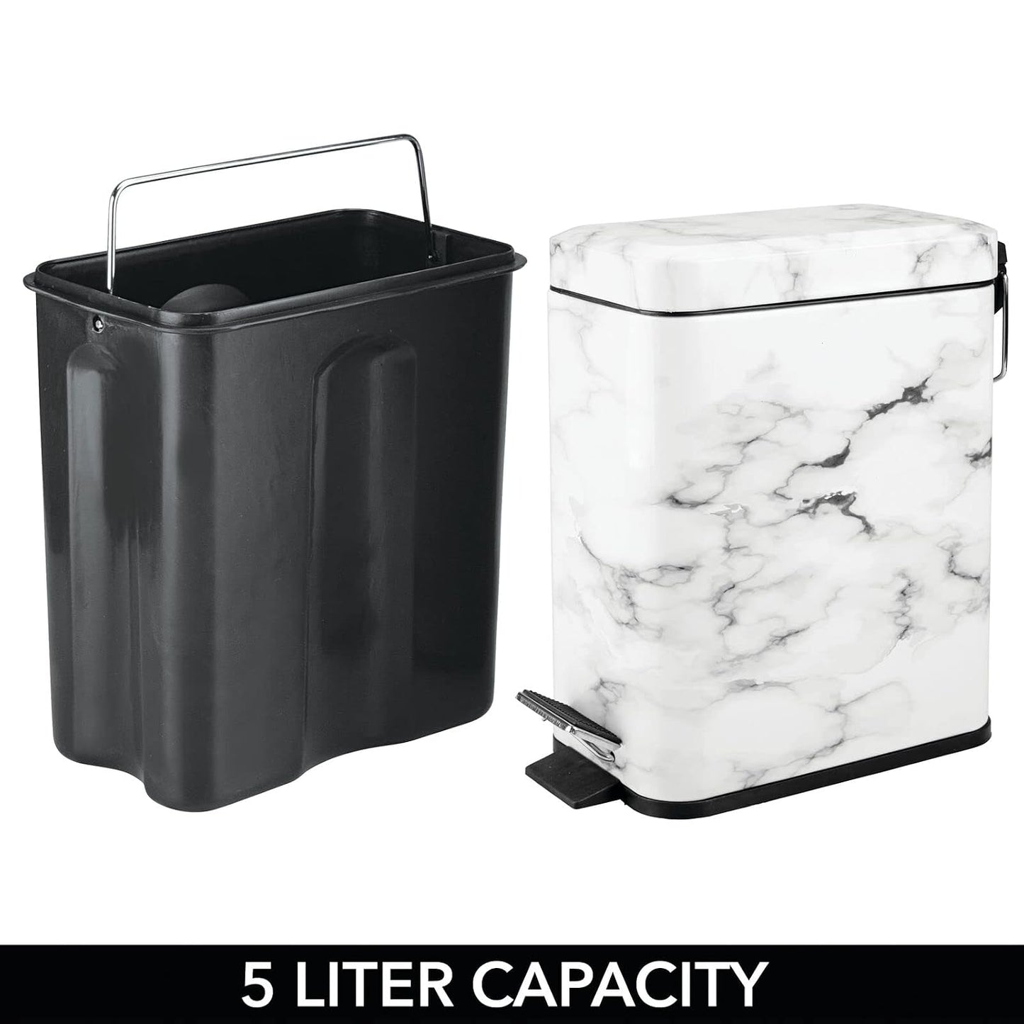 mDesign Metal Freestanding Slim Toilet Bowl Brush and Holder + Rectangle Narrow 5 Liter / 1.3 Gallon Step Pedal Trash Can Wastebasket for Bathroom - Small, Compact Design - Set of 2 - Brushed/Chrome
