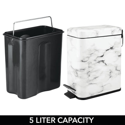 mDesign Metal Freestanding Slim Toilet Bowl Brush and Holder + Rectangle Narrow 5 Liter / 1.3 Gallon Step Pedal Trash Can Wastebasket for Bathroom - Small, Compact Design - Set of 2 - Brushed/Chrome