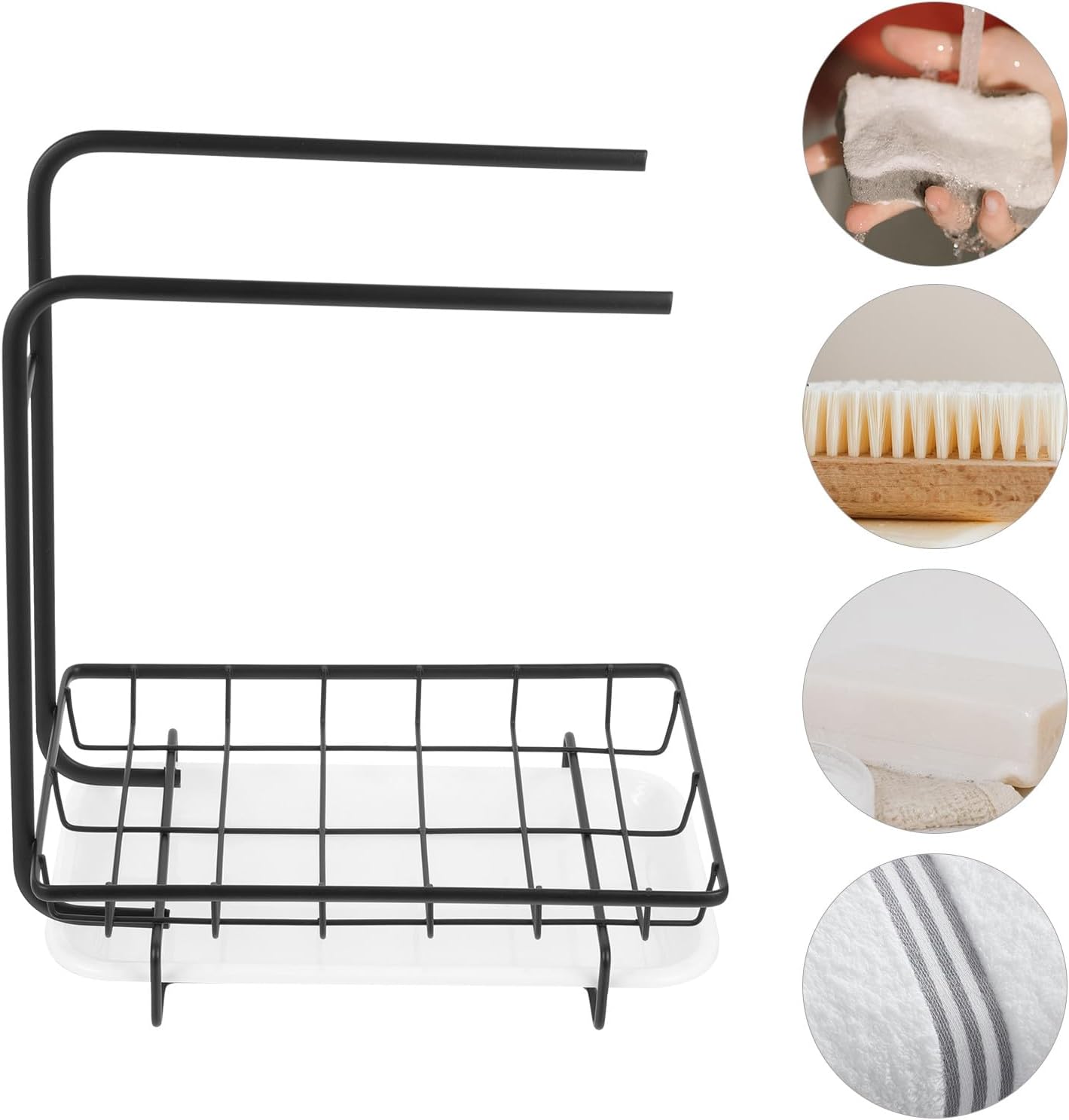 SEWACC Kitchen Sponge Holder and Dishcloth Rack Nail-Free Wall-Mounted Black Multi-Function Draining Storage Organizer for Sink and Kitchen Cleaning Tools