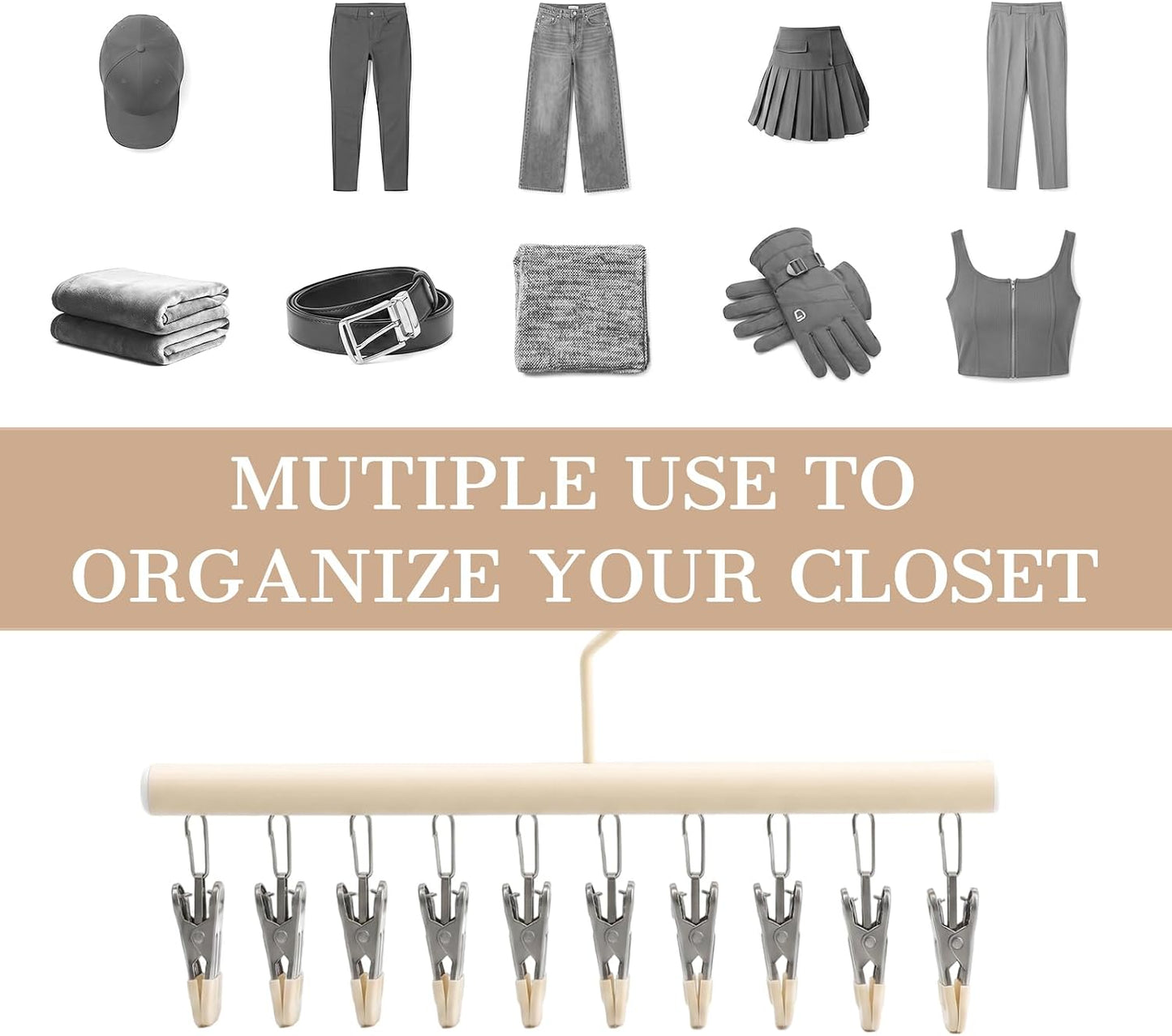 Soboto Stainless Steel Clothes Clips 2 Pack 10 Clip Closet Organizers and Storage Closet Organizer Rustproof Heavy Duty for Home Indoor Outdoor Laundry Organization